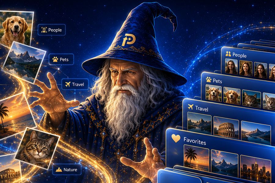 The pixIstor wizard sorting photos of pets, travel and family into albums.
